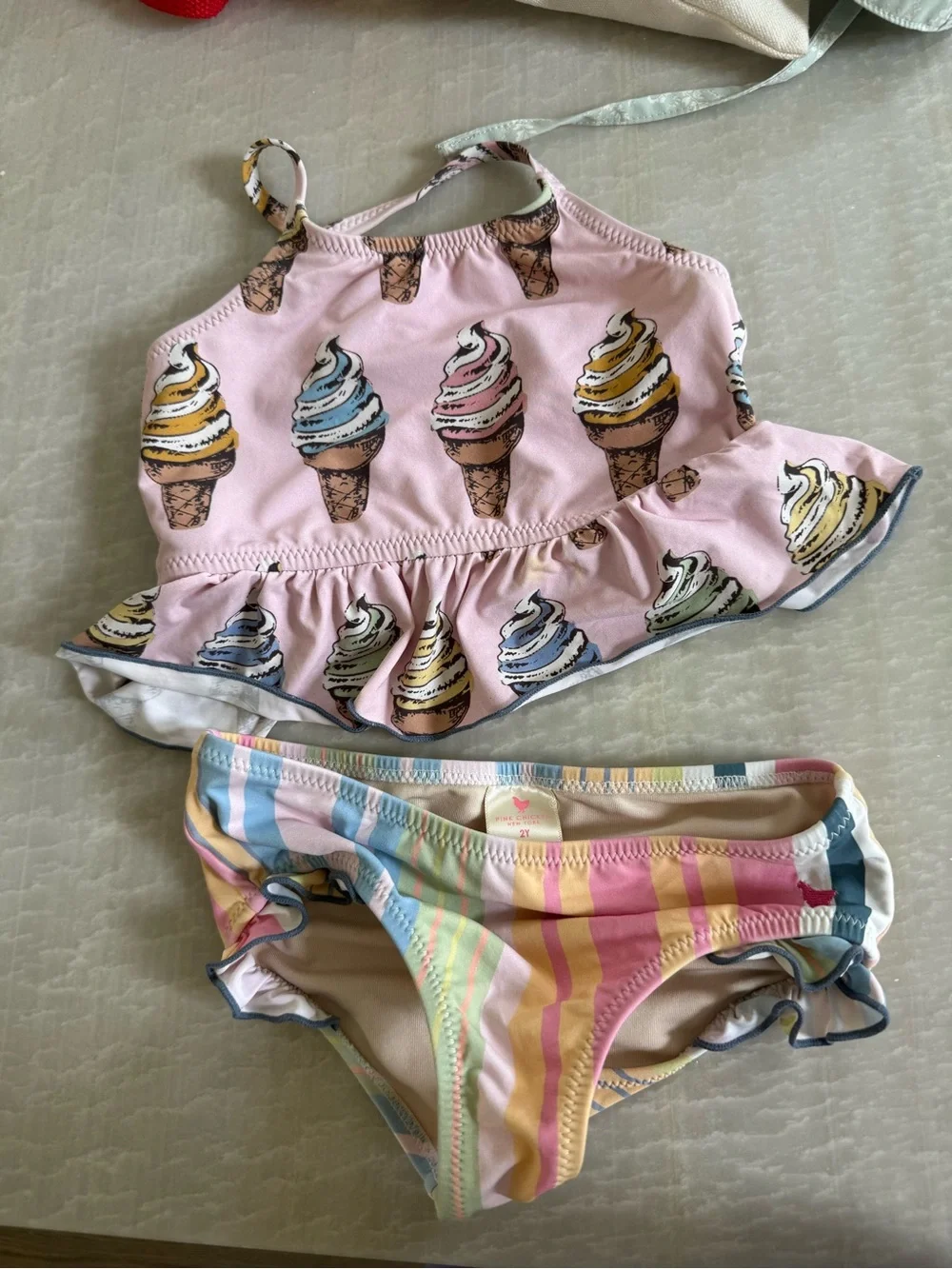 Pink Chicken Pink Ice Cream Print Two-Piece Swimsuit with Pastel Stripes